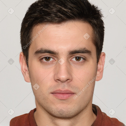 Neutral white young-adult male with short  brown hair and brown eyes