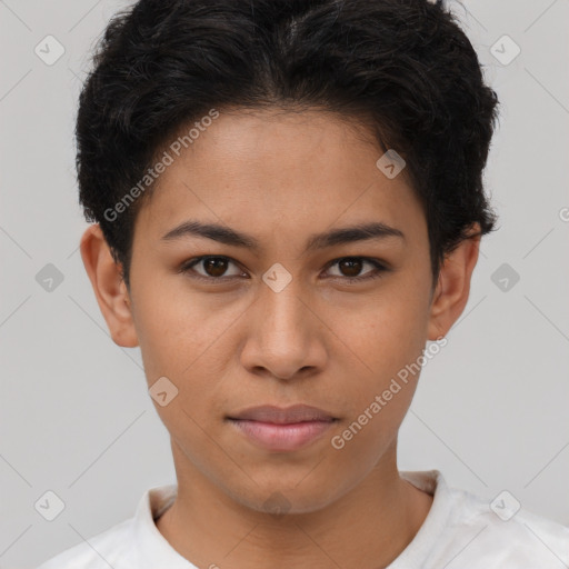 Joyful latino young-adult female with short  brown hair and brown eyes