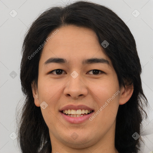 Joyful asian young-adult female with long  brown hair and brown eyes