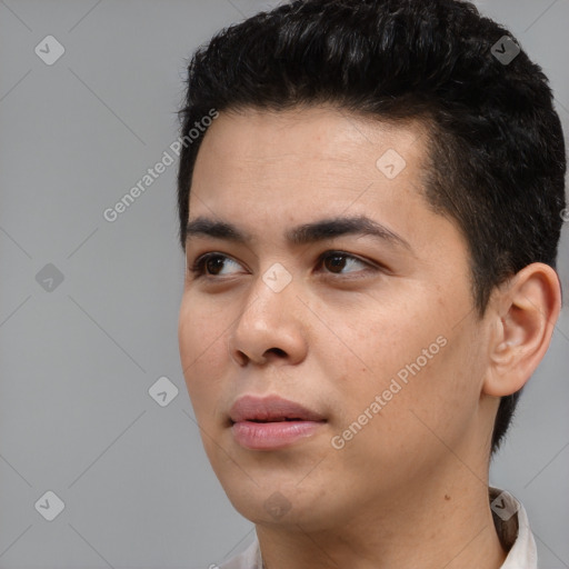 Neutral asian young-adult male with short  black hair and brown eyes