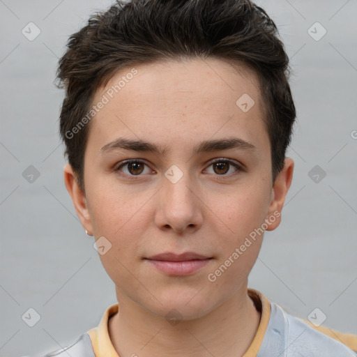 Neutral white young-adult female with short  brown hair and brown eyes