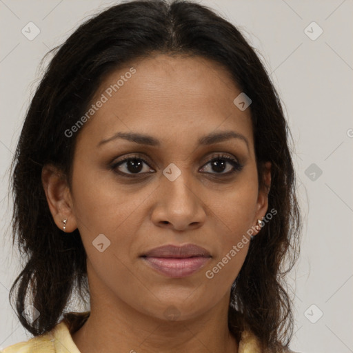 Joyful black young-adult female with medium  brown hair and brown eyes