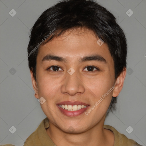 Joyful white young-adult male with short  black hair and brown eyes