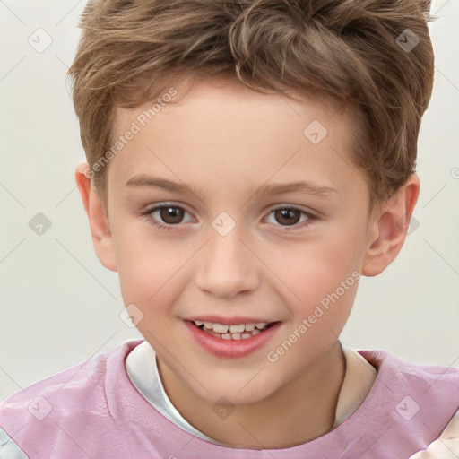 Joyful white child male with short  brown hair and brown eyes