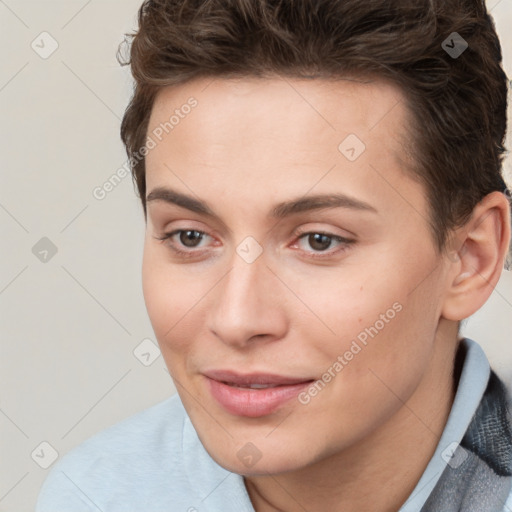 Joyful white young-adult female with short  brown hair and brown eyes