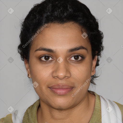 Joyful latino young-adult female with short  black hair and brown eyes