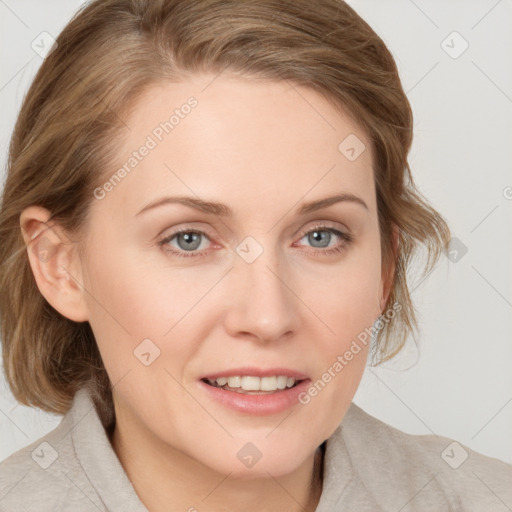 Joyful white young-adult female with medium  brown hair and blue eyes