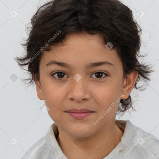 Joyful white child female with medium  brown hair and brown eyes