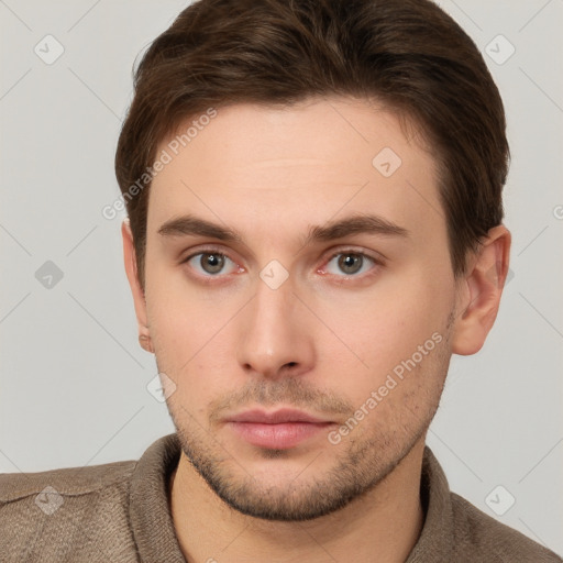 Neutral white young-adult male with short  brown hair and brown eyes