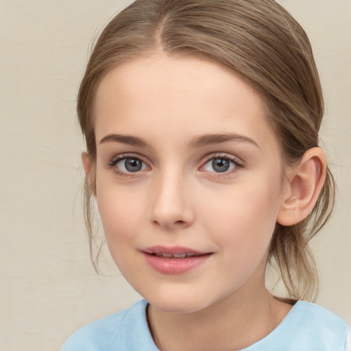 Joyful white child female with medium  brown hair and brown eyes