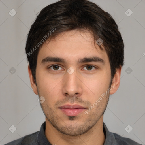 Neutral white young-adult male with short  brown hair and brown eyes