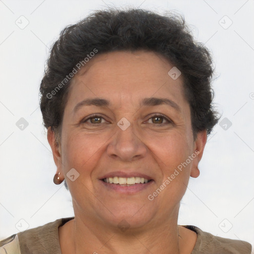 Joyful white adult female with short  brown hair and brown eyes