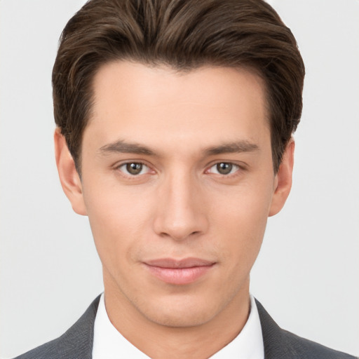 Neutral white young-adult male with short  brown hair and brown eyes