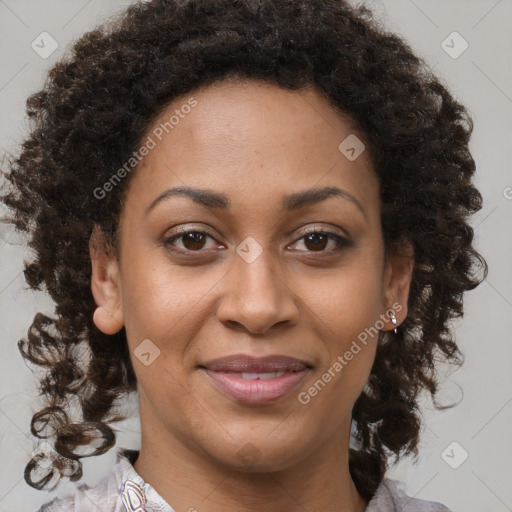 Joyful black young-adult female with medium  brown hair and brown eyes