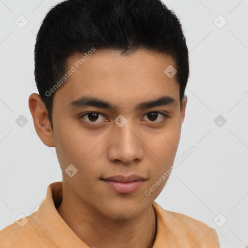 Neutral asian young-adult male with short  brown hair and brown eyes