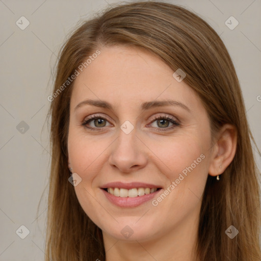 Joyful white young-adult female with long  brown hair and grey eyes