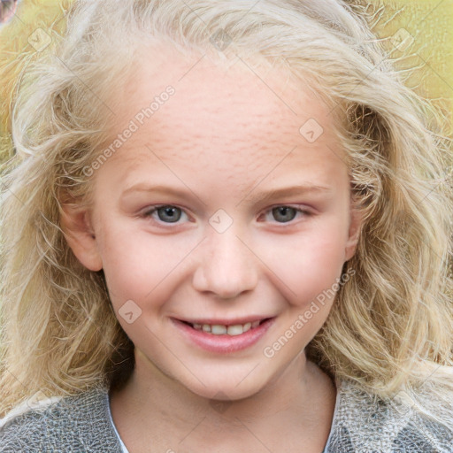 Joyful white child female with medium  brown hair and grey eyes