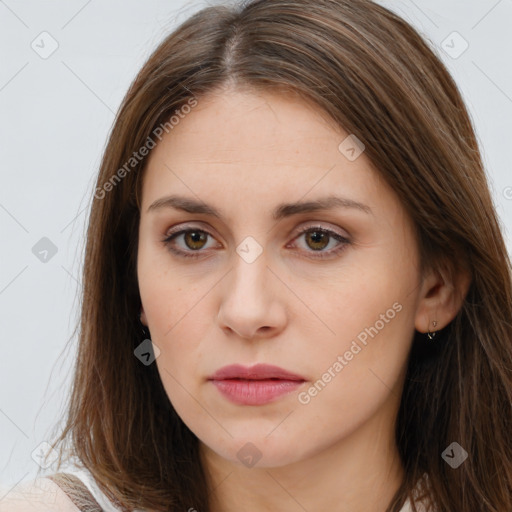 Neutral white young-adult female with long  brown hair and brown eyes