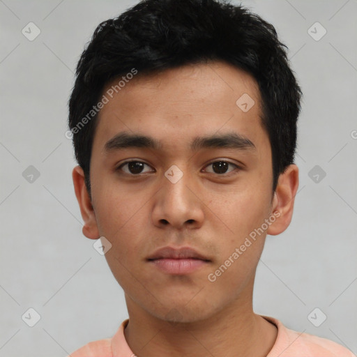 Neutral asian young-adult male with short  black hair and brown eyes