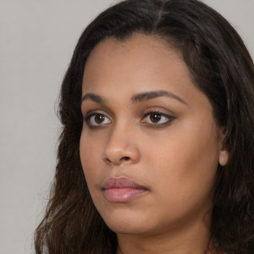 Neutral asian young-adult female with long  brown hair and brown eyes