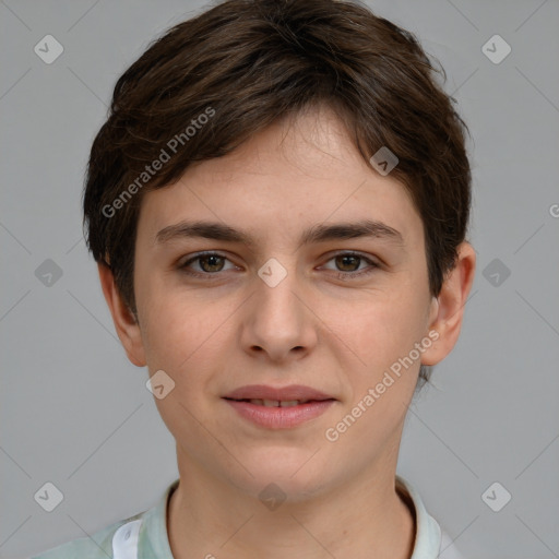 Joyful white young-adult female with short  brown hair and grey eyes