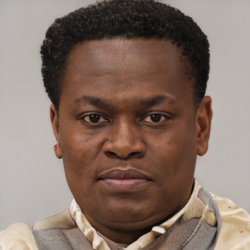 Joyful black young-adult male with short  brown hair and brown eyes