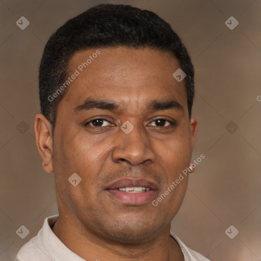 Joyful latino young-adult male with short  brown hair and brown eyes