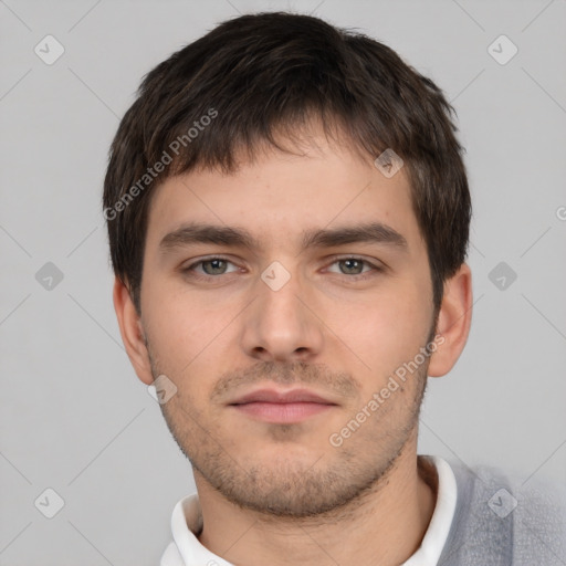 Neutral white young-adult male with short  brown hair and brown eyes