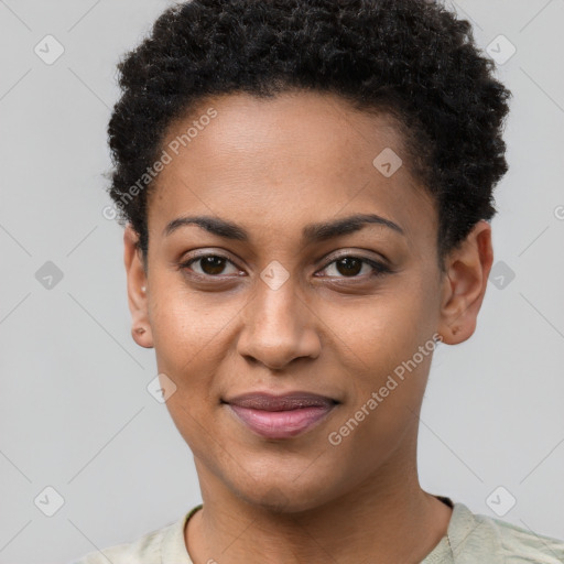 Joyful black young-adult female with short  brown hair and brown eyes