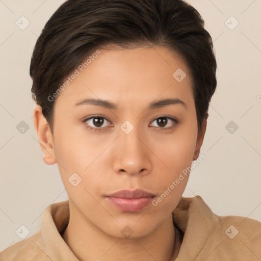 Neutral asian young-adult female with short  brown hair and brown eyes