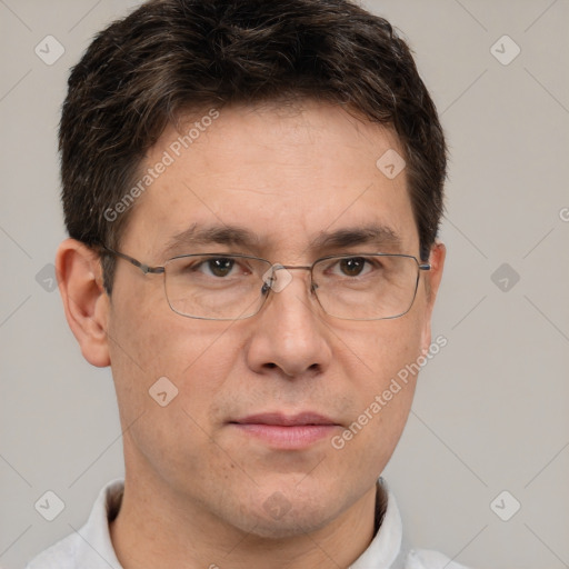 Neutral white adult male with short  brown hair and brown eyes