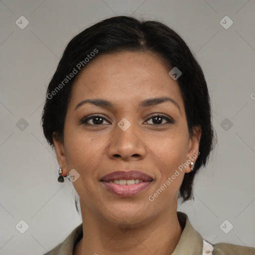 Joyful black young-adult female with medium  brown hair and brown eyes