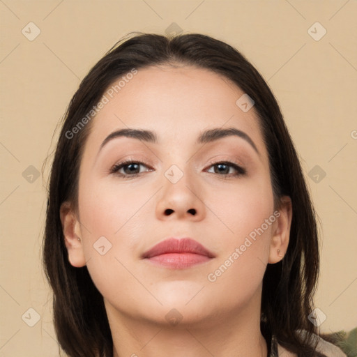 Neutral white young-adult female with medium  brown hair and brown eyes