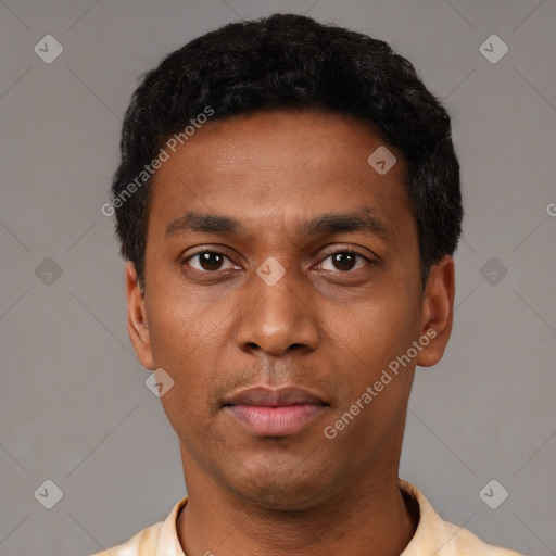 Neutral black young-adult male with short  black hair and brown eyes