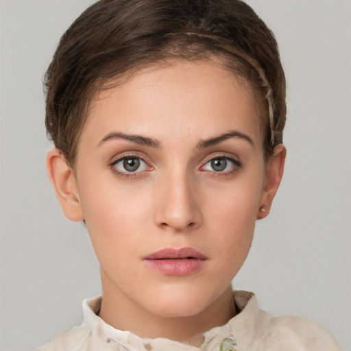 Neutral white young-adult female with short  brown hair and brown eyes