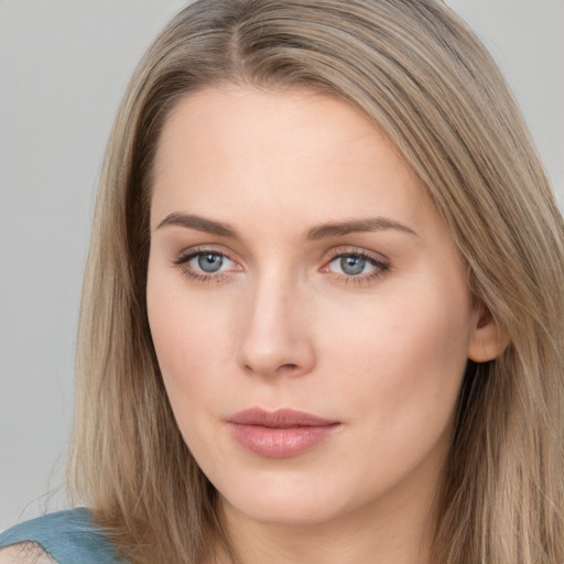 Neutral white young-adult female with long  brown hair and grey eyes