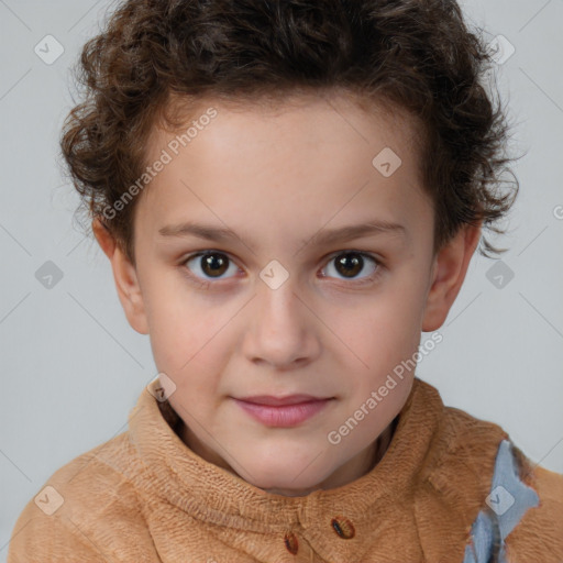 Joyful white child female with short  brown hair and brown eyes