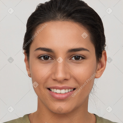 Joyful white young-adult female with short  brown hair and brown eyes