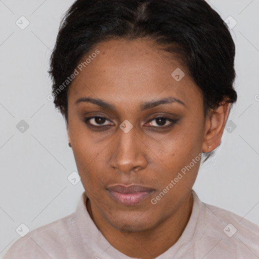 Neutral latino young-adult female with short  brown hair and brown eyes