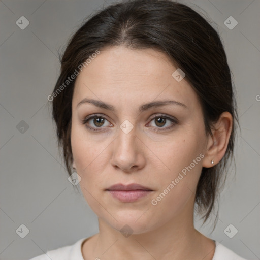 Neutral white young-adult female with medium  brown hair and brown eyes