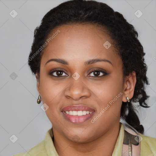 Joyful black young-adult female with medium  brown hair and brown eyes