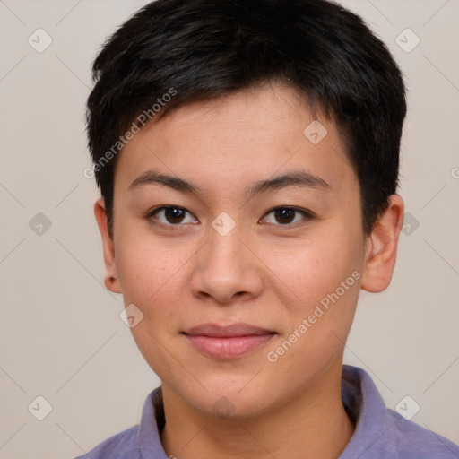 Joyful asian young-adult female with short  brown hair and brown eyes