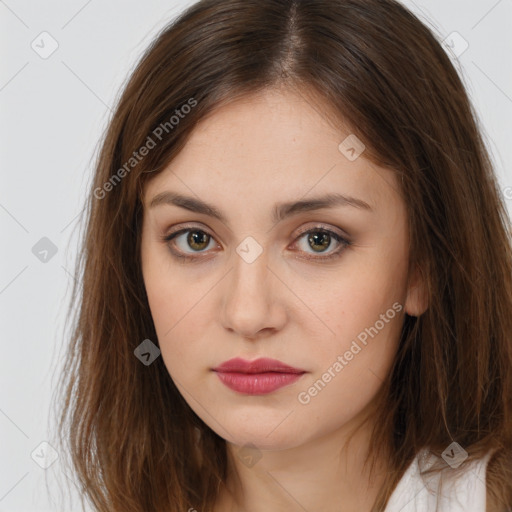 Neutral white young-adult female with long  brown hair and brown eyes