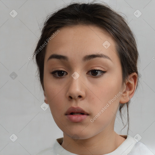 Neutral white young-adult female with medium  brown hair and brown eyes