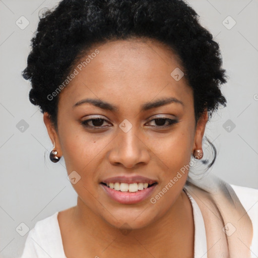 Joyful latino young-adult female with short  black hair and brown eyes