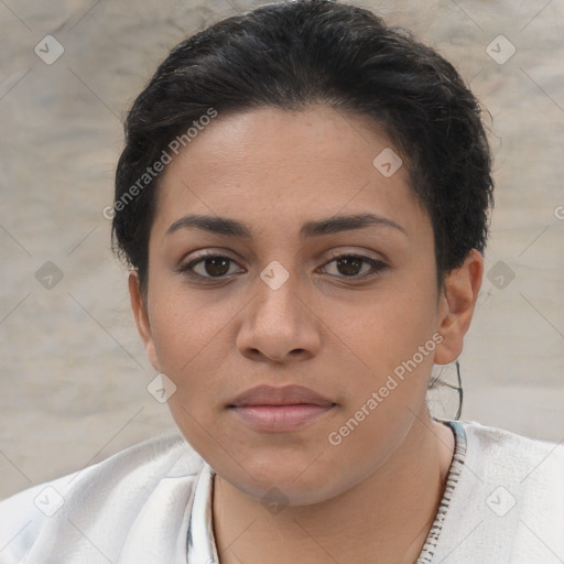 Neutral white young-adult female with short  brown hair and brown eyes