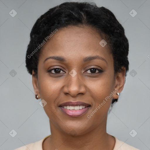 Joyful latino young-adult female with short  black hair and brown eyes