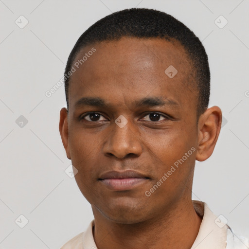 Neutral black young-adult male with short  black hair and brown eyes