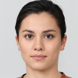 Neutral white young-adult female with short  brown hair and brown eyes