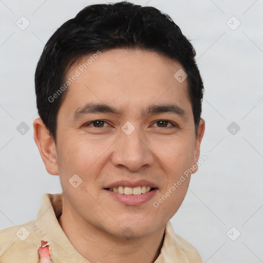 Joyful white young-adult male with short  black hair and brown eyes